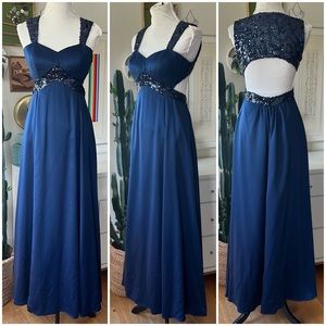 Fervour ModCloth Navy Blue Sequin Gown Backless Evening Dress Size M
